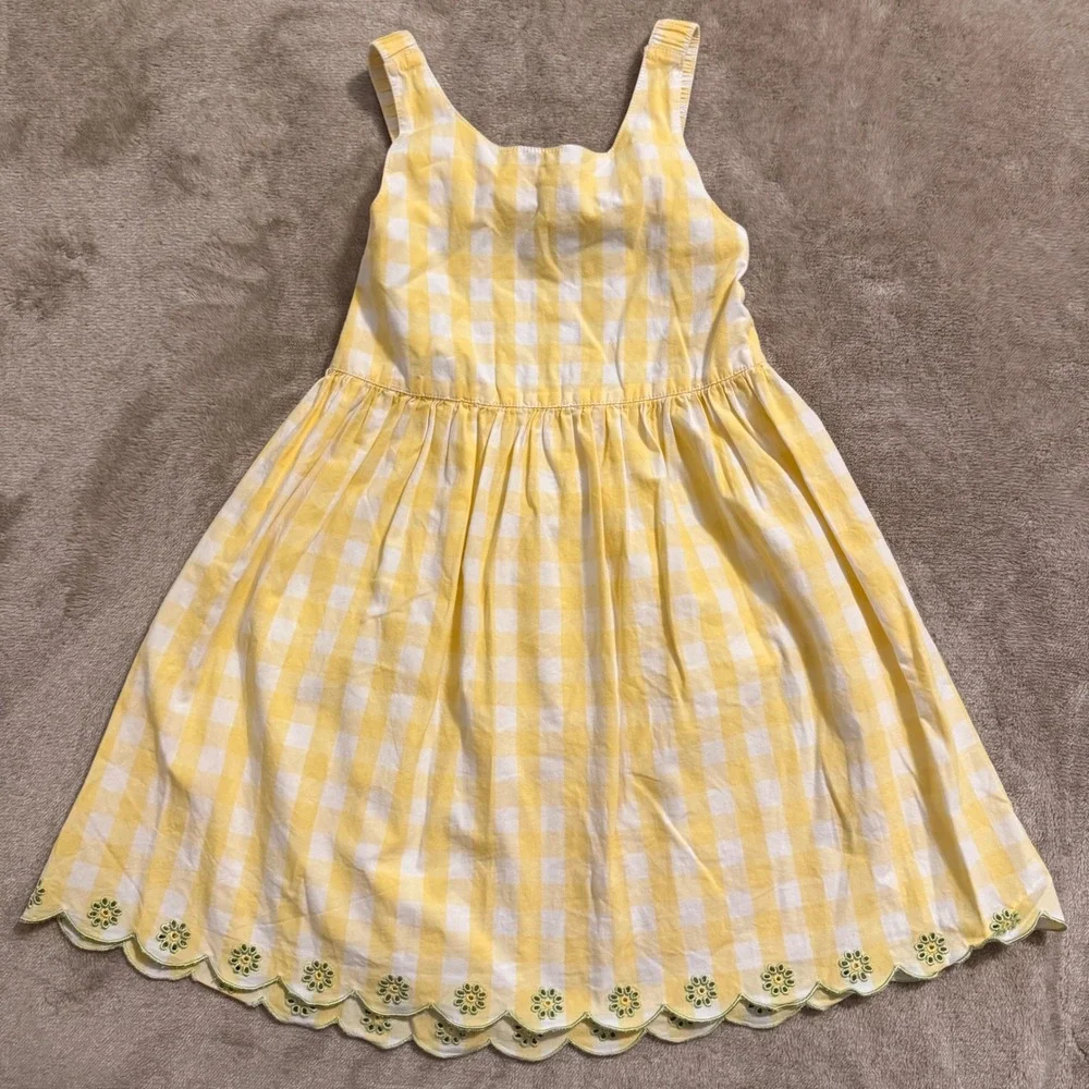 Gymboree Girls Yellow Gingham Cotton Dress Scalloped Eyelet Floral Back Bow